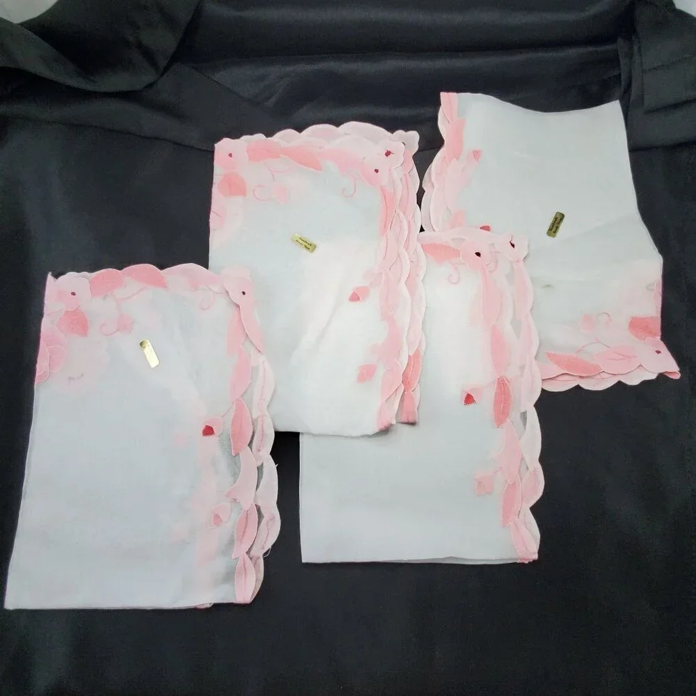 VTG 4 Hand Applique Embroidered Organdy Linen Placemats Pink White By Brode Main